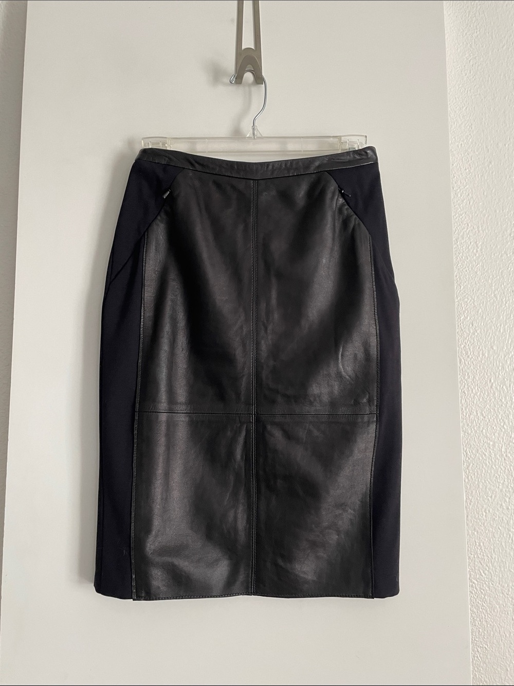 HALOGEN Genuine Leather/ Ponte Knit Sides Straight Pencil Skirt Black NWT